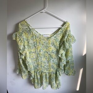 MNG by Mango Yellow Floral Print Long Sleeve Chiffon Blouse Women 8